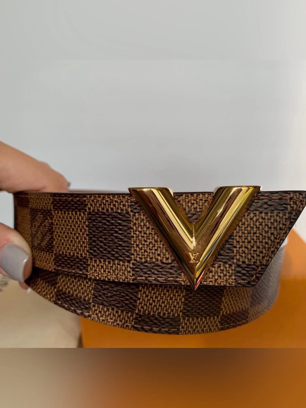 Louis Vuitton Brown Damier women’s Belt with Gold V Buckle